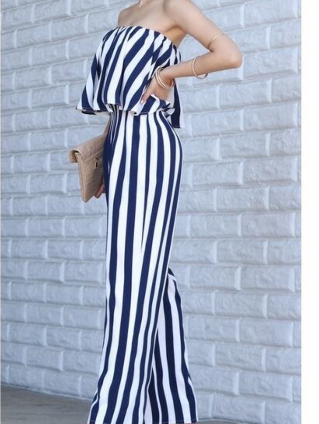 Lilly's Kloset Strapless Striped Jumpsuit Wide Leg Sz M Blue/White — image 2 of 8